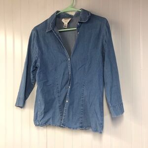 Talbots Vintage Women's Blue Denim Button Down Blouse 3/4 Sleeve Fitted Size 8